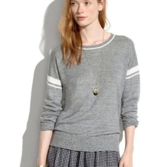 Madewell Varsity Inset Stripe Grey 100% Linen Light Sweater Sz M - Picture 1 of 6